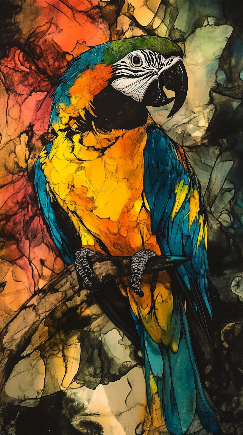 Colorful abstract parrot in dramatic ink illustration