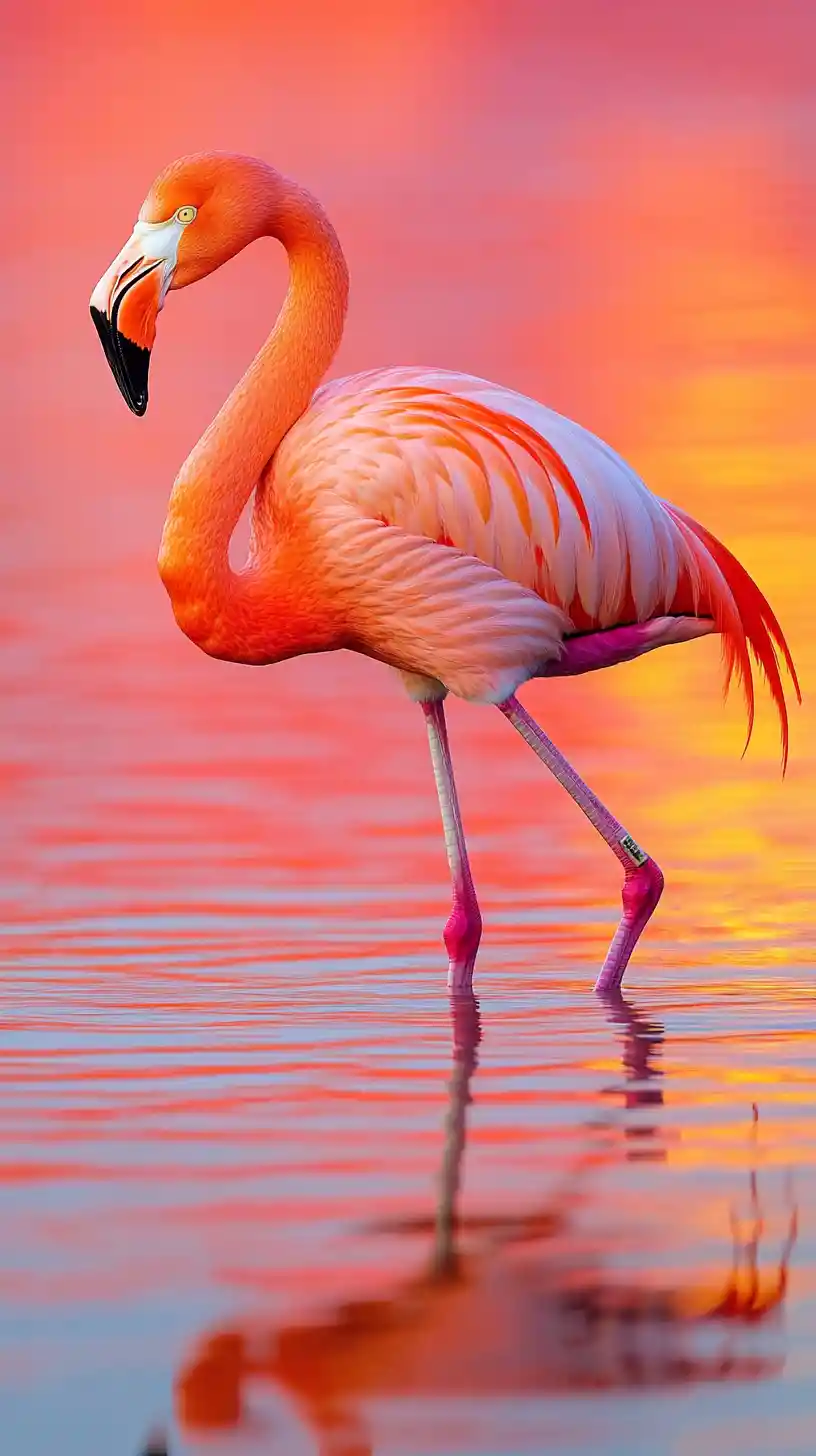 Flamenco elegante en agua turquesa resplandeciente al atardecer