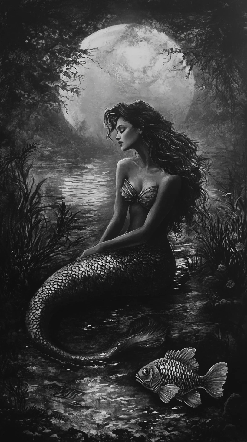 暗い海景にたたずむ神秘的な人魚の木炭画ポートレート