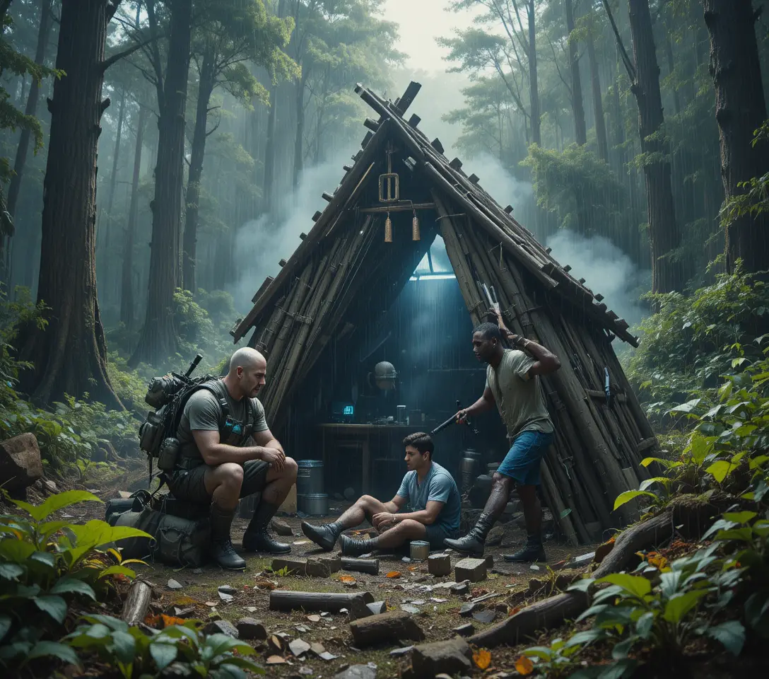 Hombres preparando un refugio de supervivencia en un claro de bosque denso