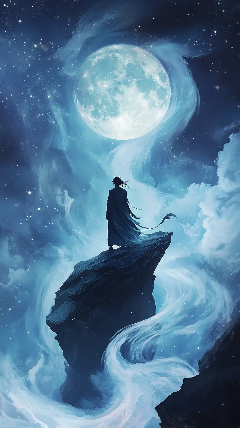 Calm villain on a moonlit cliff surrounded by mist