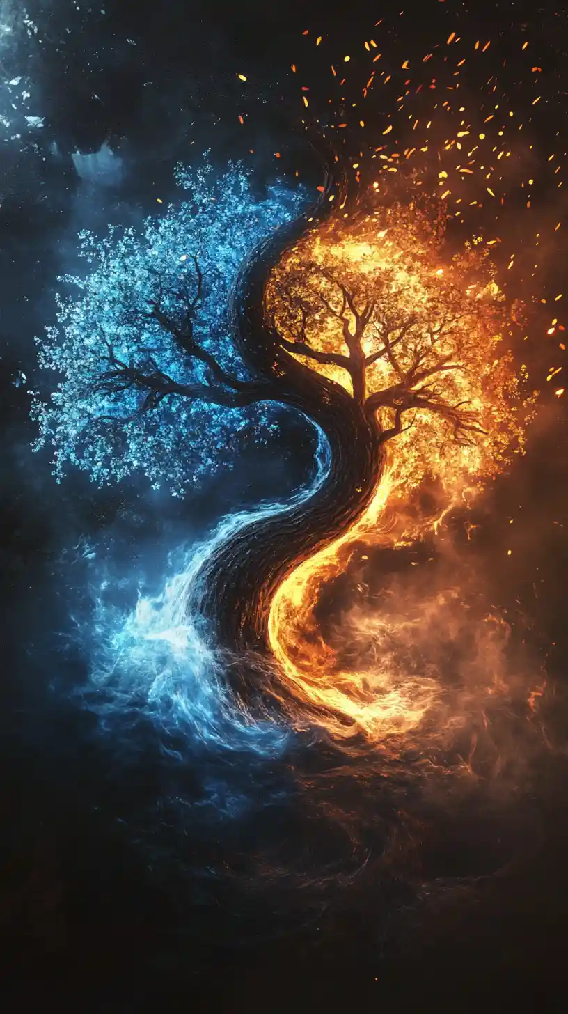 Elementares Yin und Yang von Wasser und Feuer im fantastischen Gleichgewicht