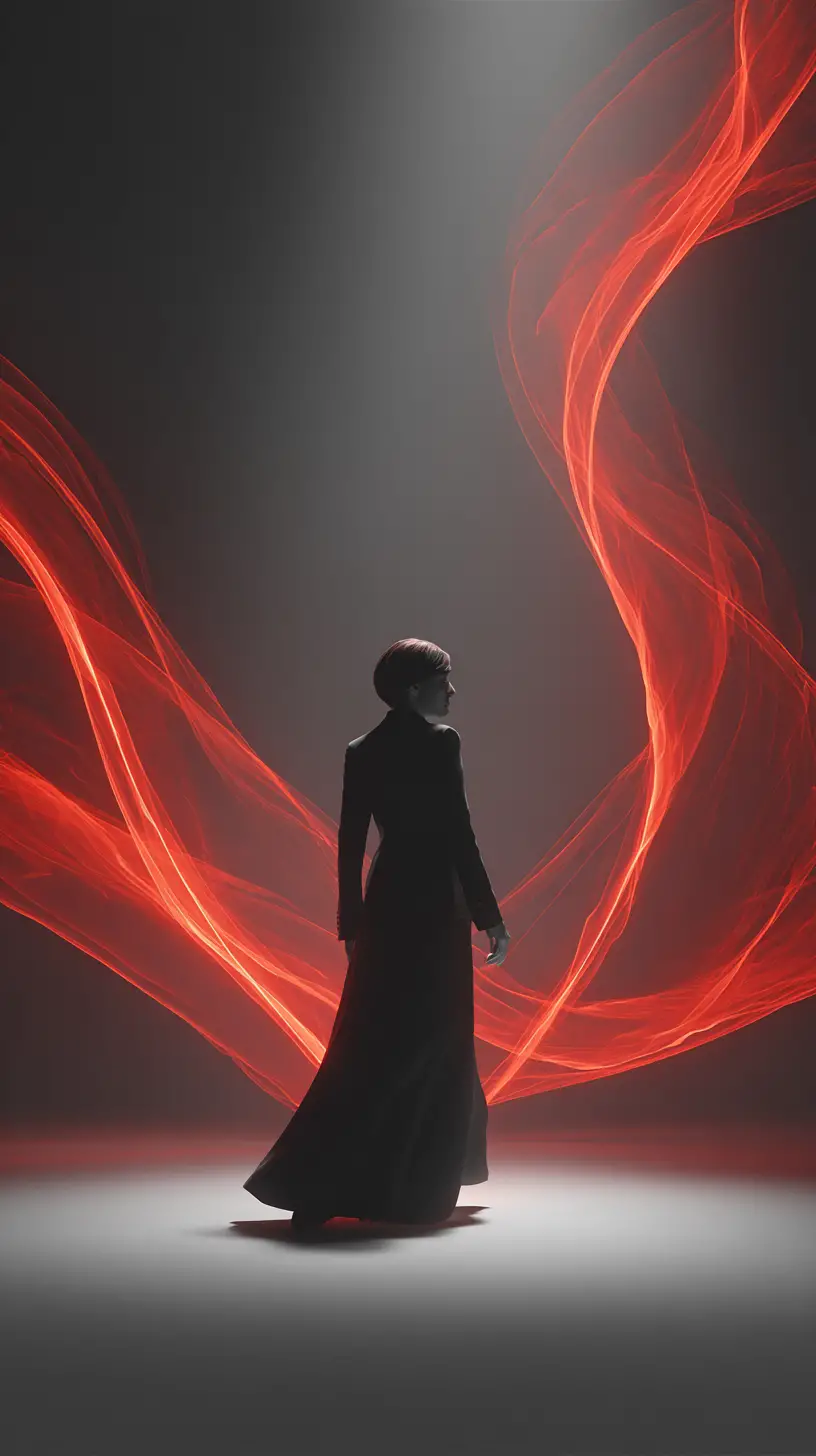 Solitary silhouette with glowing crimson smoke in void