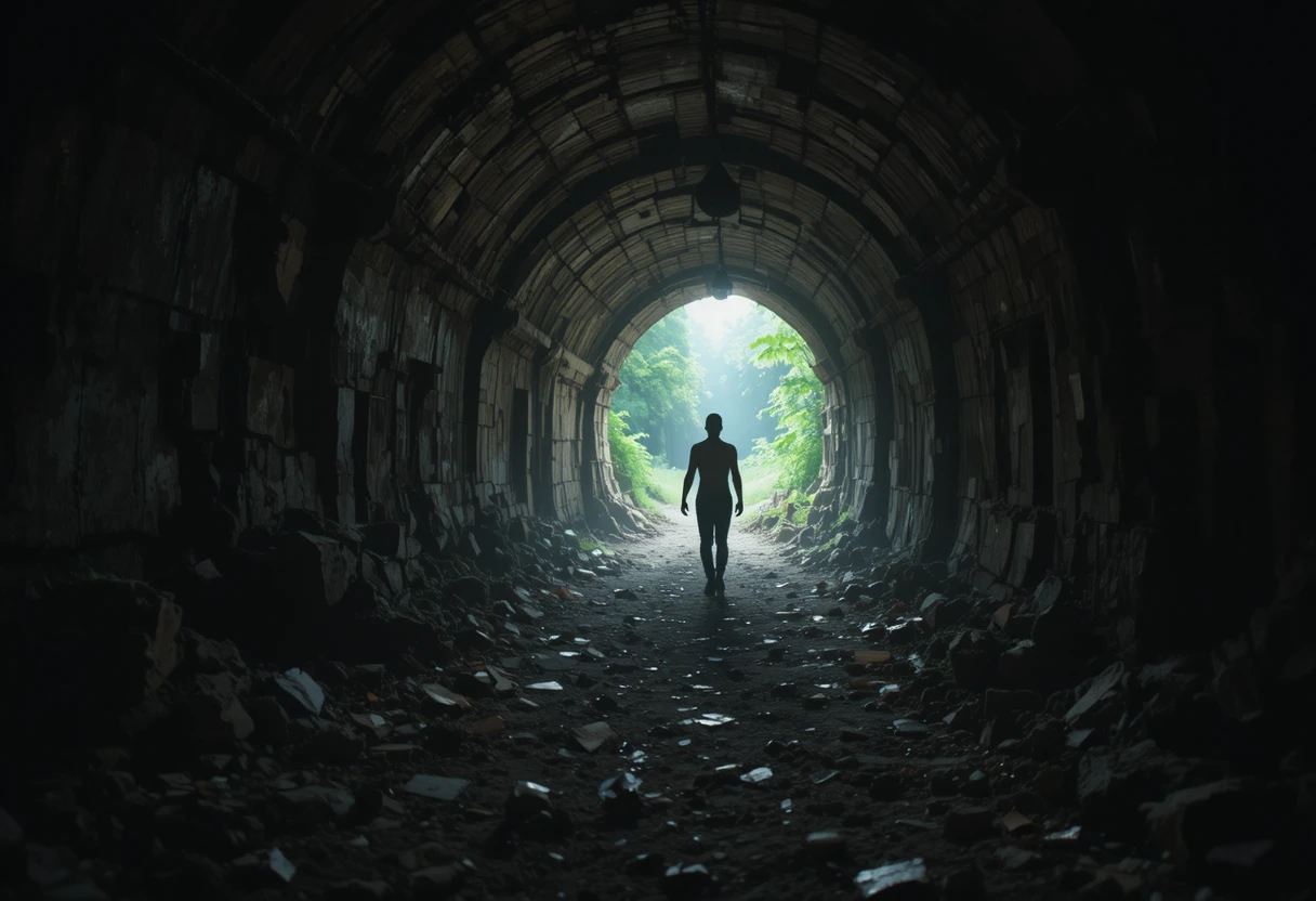 Silhouetted figure walking through a dim ancient tunnel