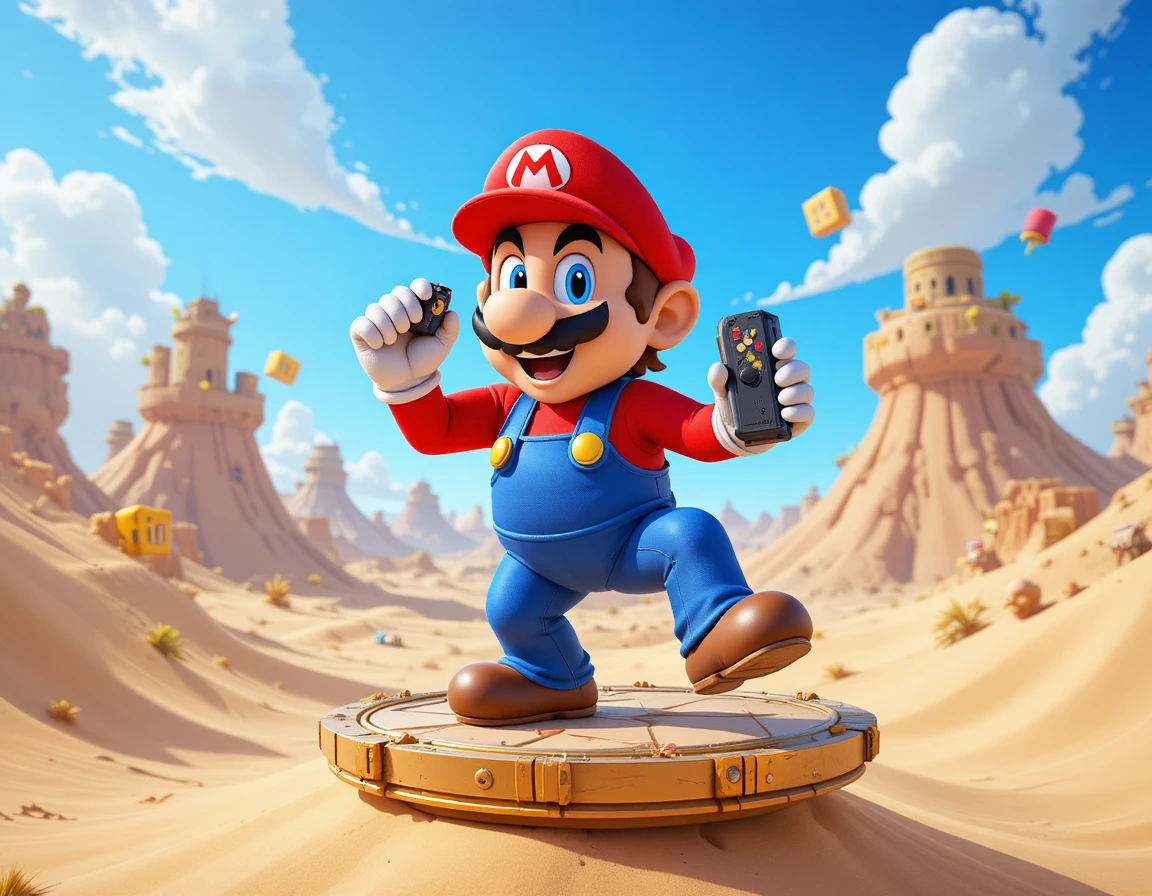 Cartoon hero standing confident on floating platform in desert