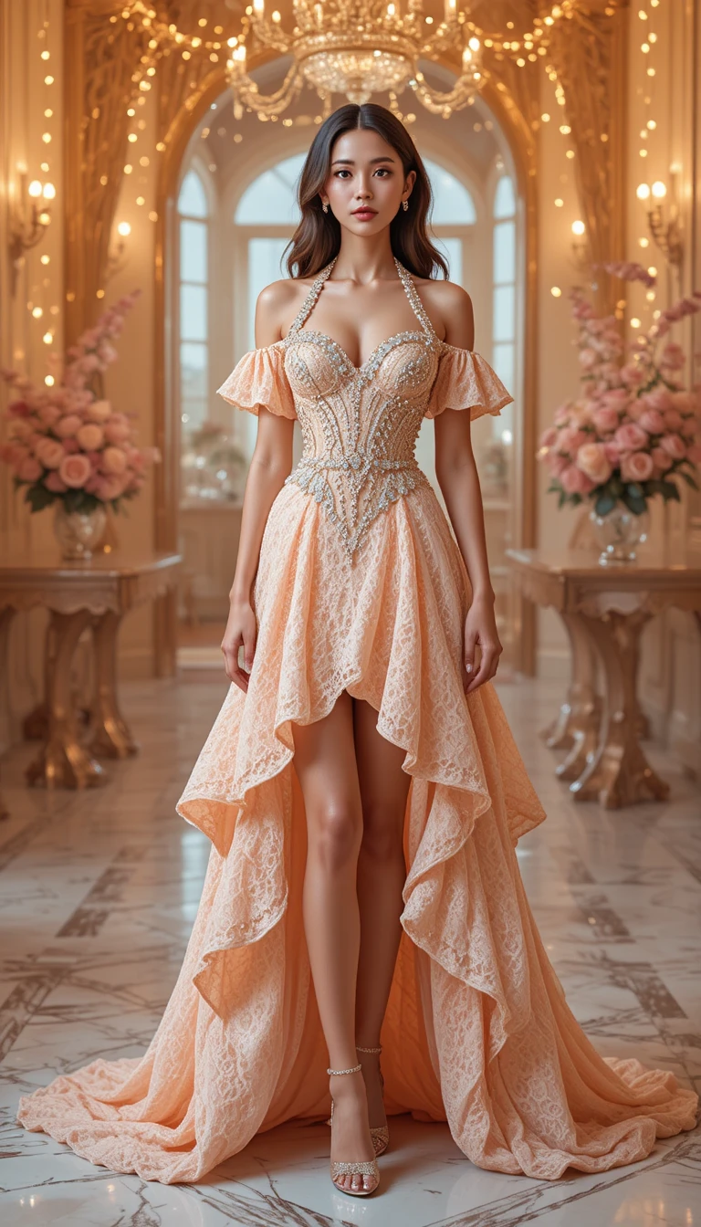 Mujer elegante con vestido de alta costura color durazno en estudio de lujo