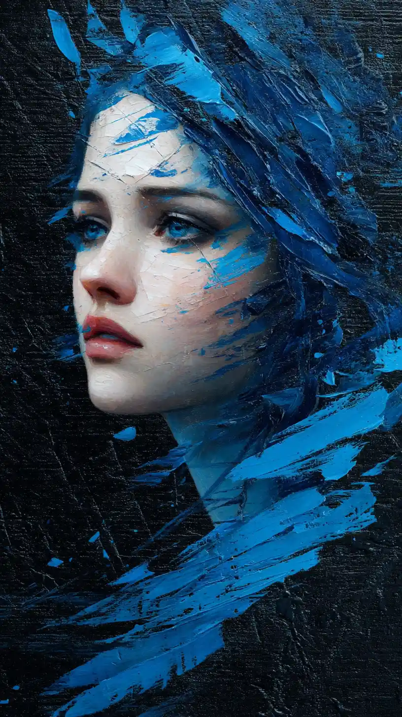Abstract blue portrait of a woman in expressive brushstrokes