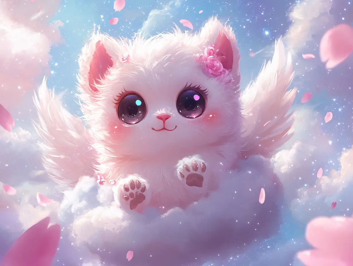 Cute chibi creature with wings on a pastel cloud