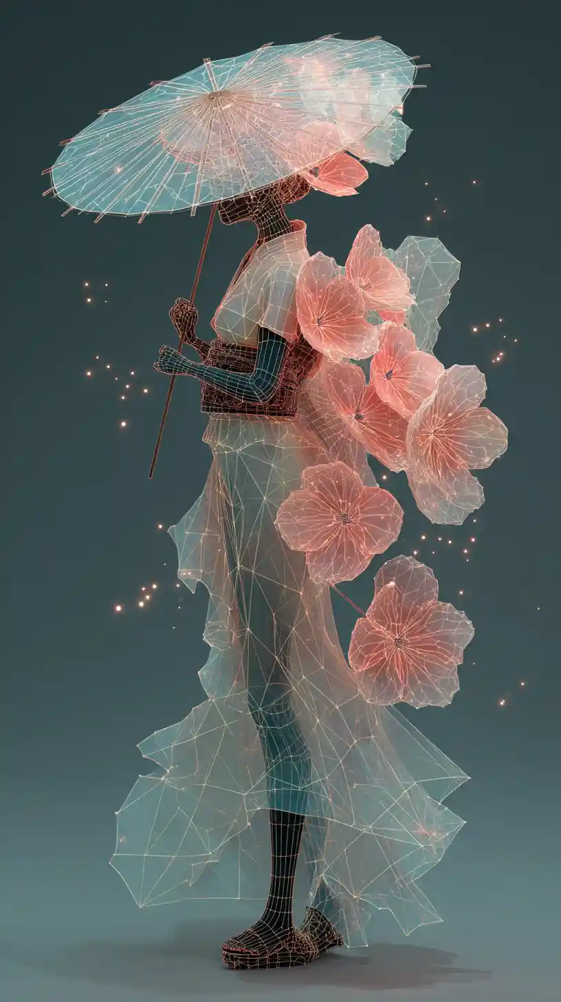 Femme éthérée en kimono néon avec des fleurs lumineuses