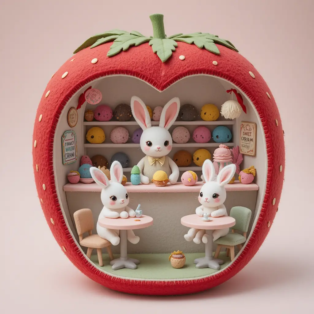 Felt Strawberry Ice Cream Shop With Cute Rabbits Inside