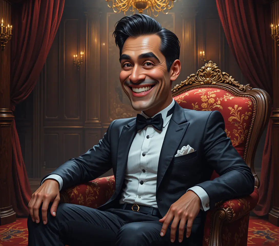 Uomo sorridente in smoking su una lussuosa poltrona rossa