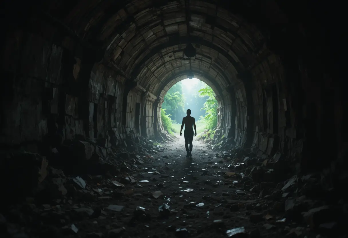 Figura en silueta caminando por un oscuro túnel antiguo