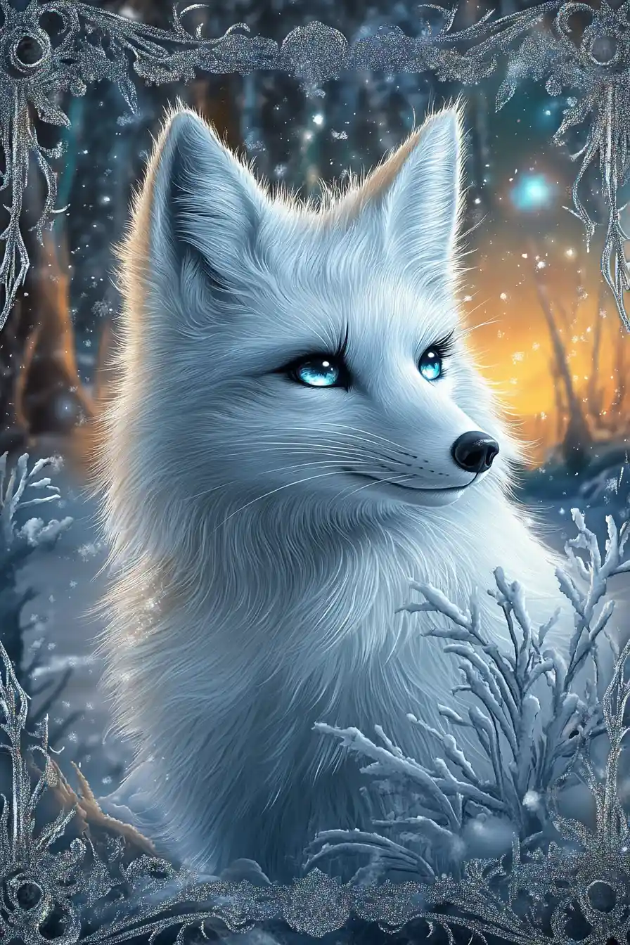 Arctic fox under northern lights on winter trading card
