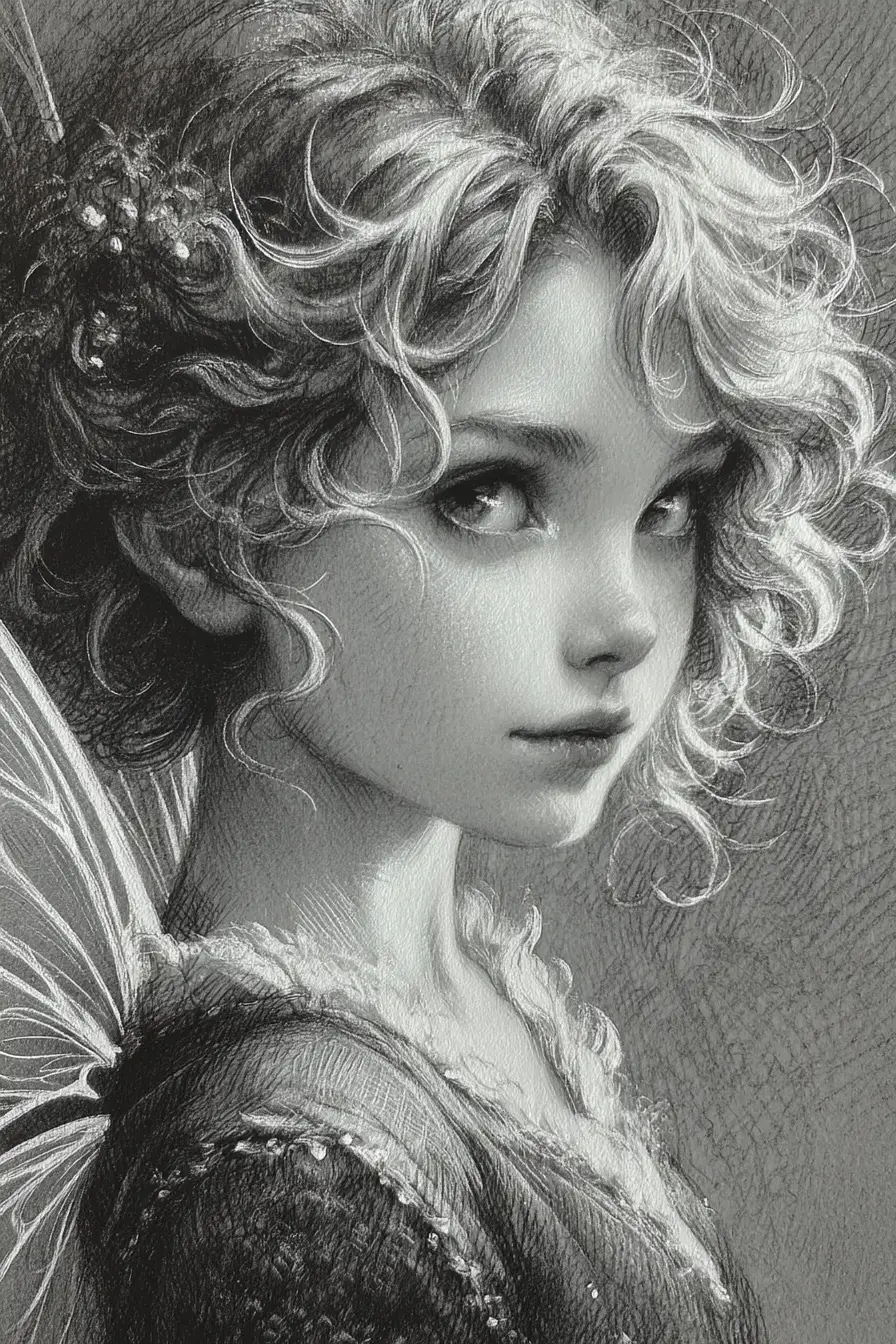 Ethereal fairy profile drawing with delicate wings