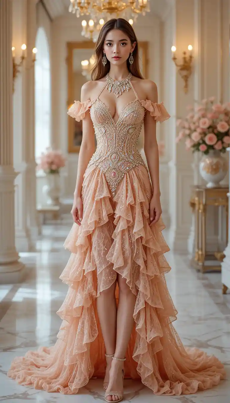Donna elegante in abito couture color pesca in studio di lusso