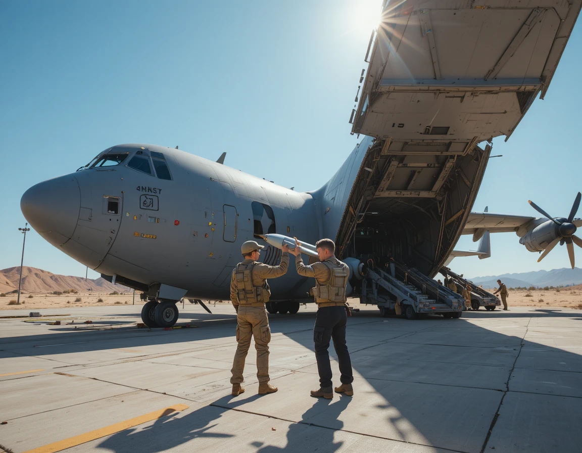 Equipaggio di aereo cargo militare che carica un missile su pista nel deserto