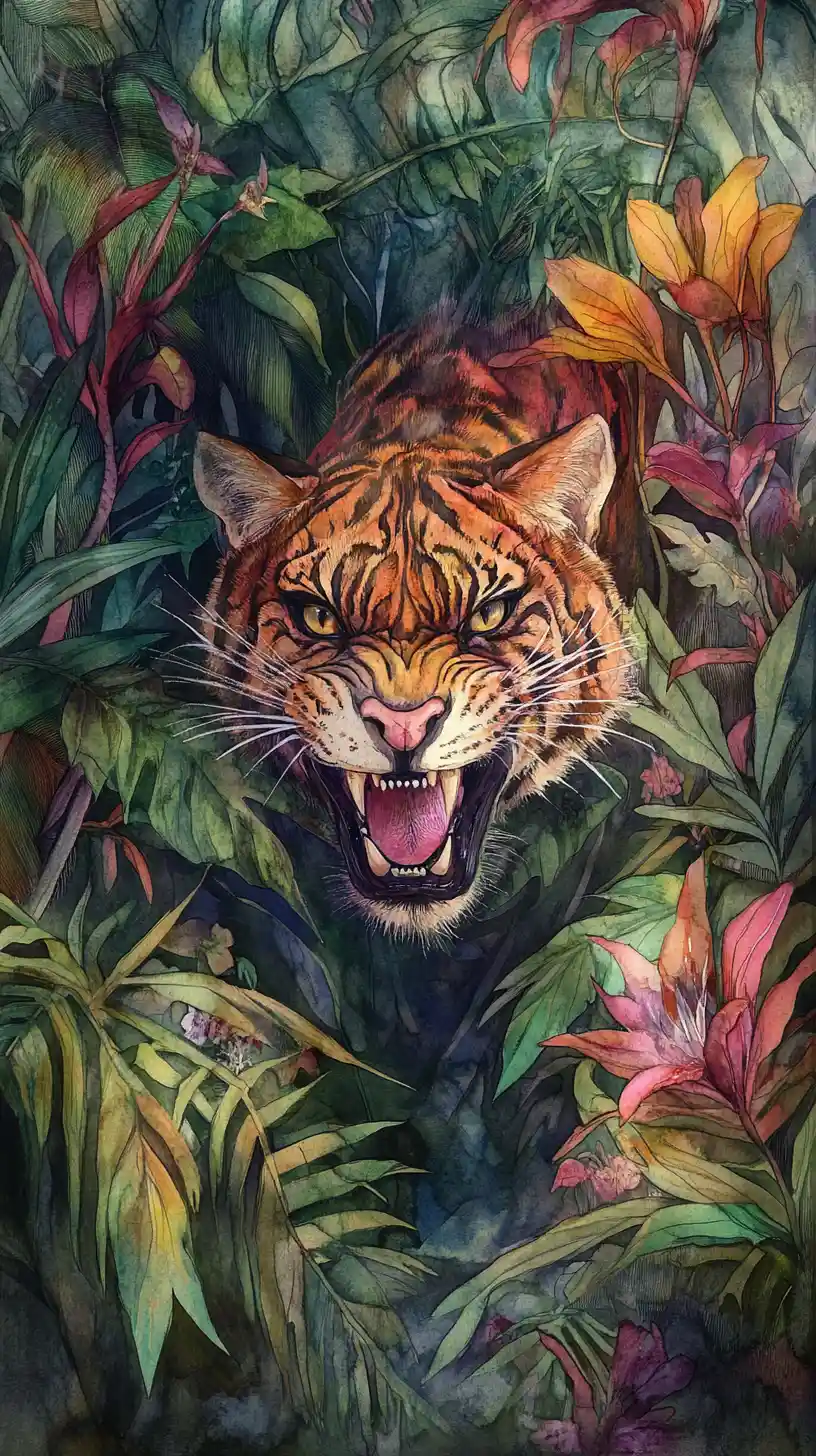 Gato guardián de la jungla en acuarela con mirada penetrante y gruñido