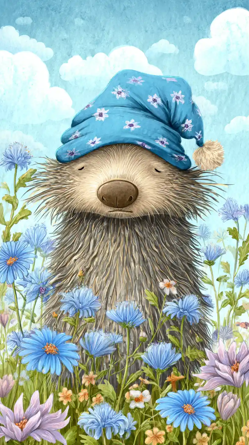 Sleepy cartoon skunk on a flower meadow in watercolor style