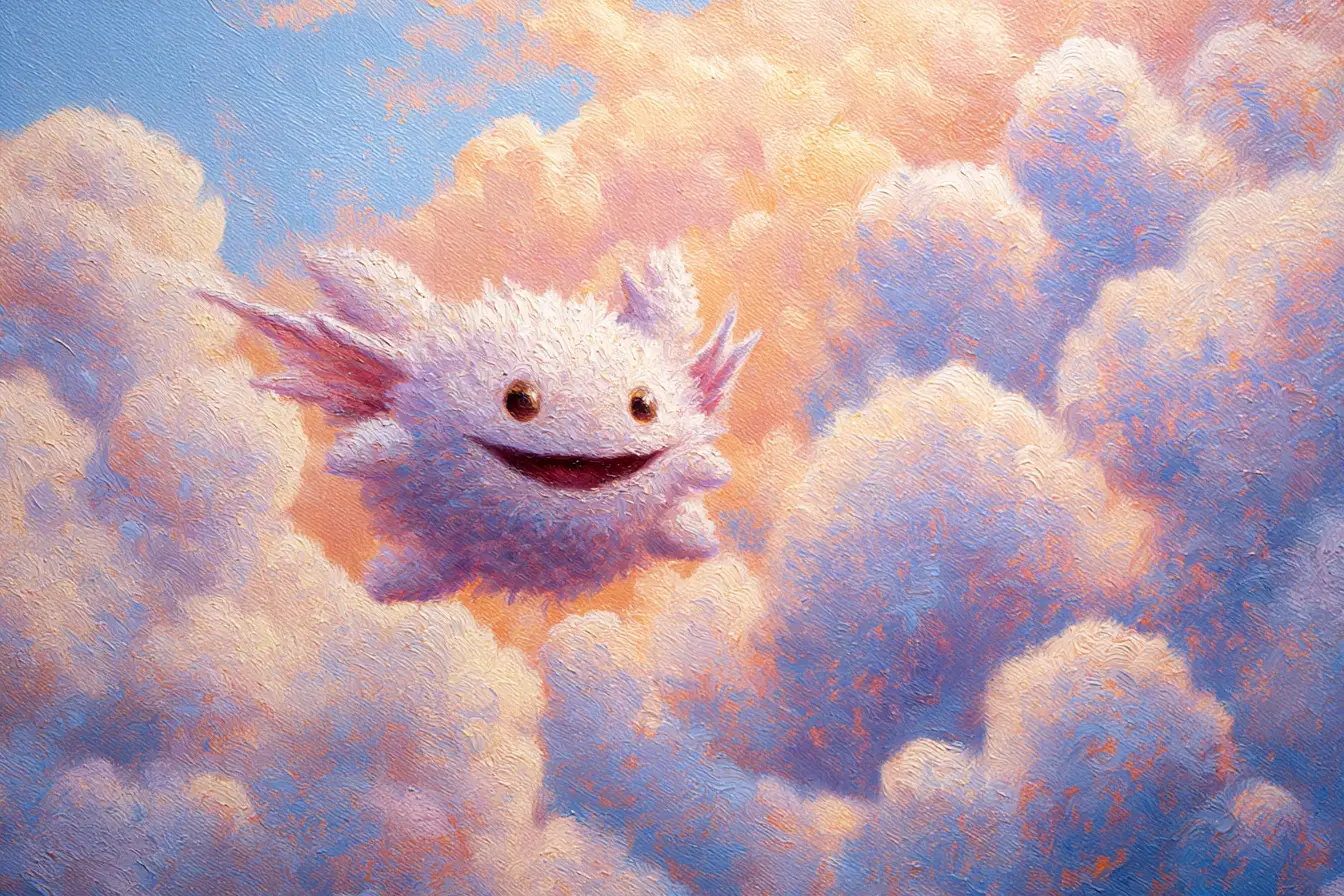 Playful fantasy sprite dancing in sunrise clouds