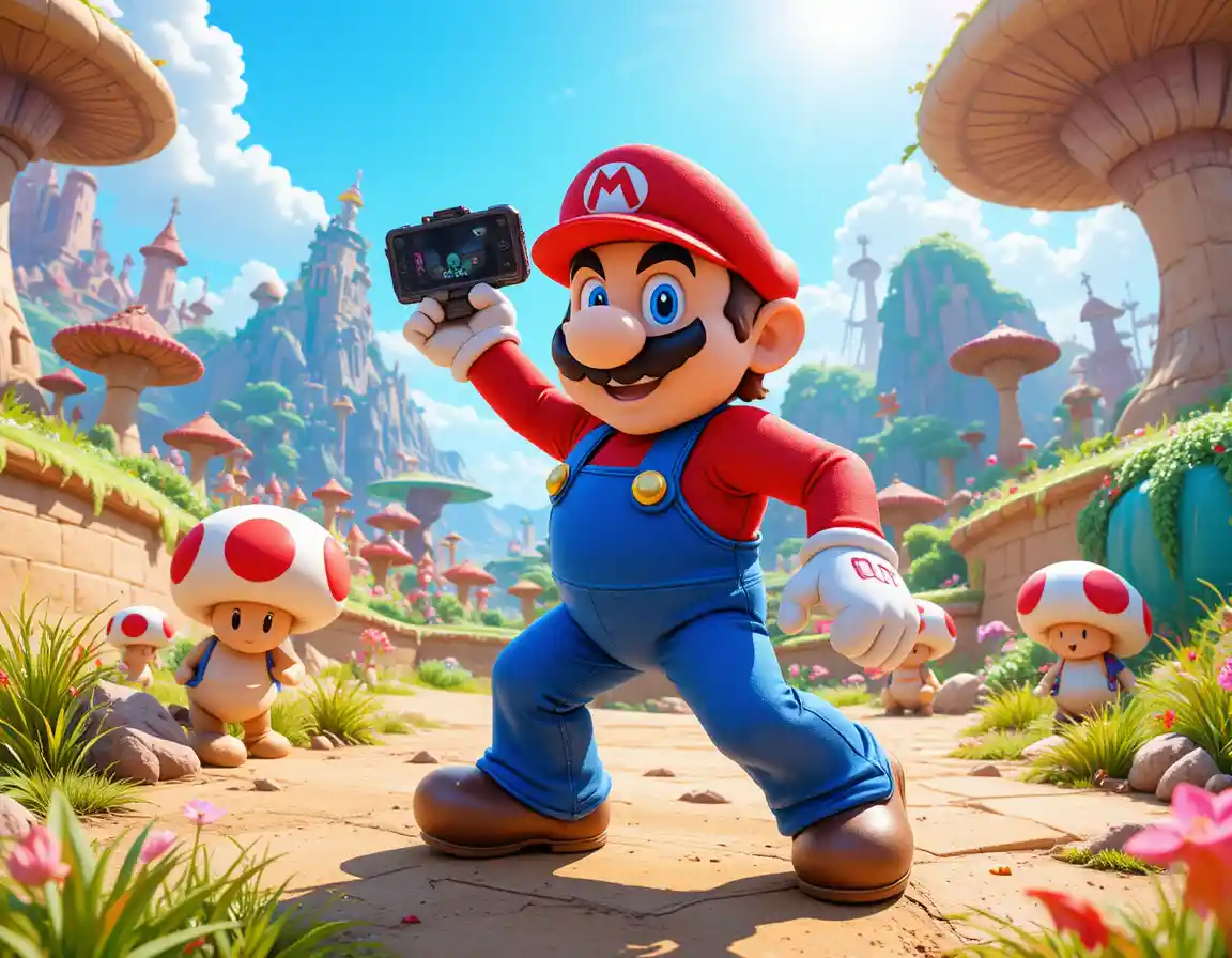 Cartoon hero holding game controller in colorful world