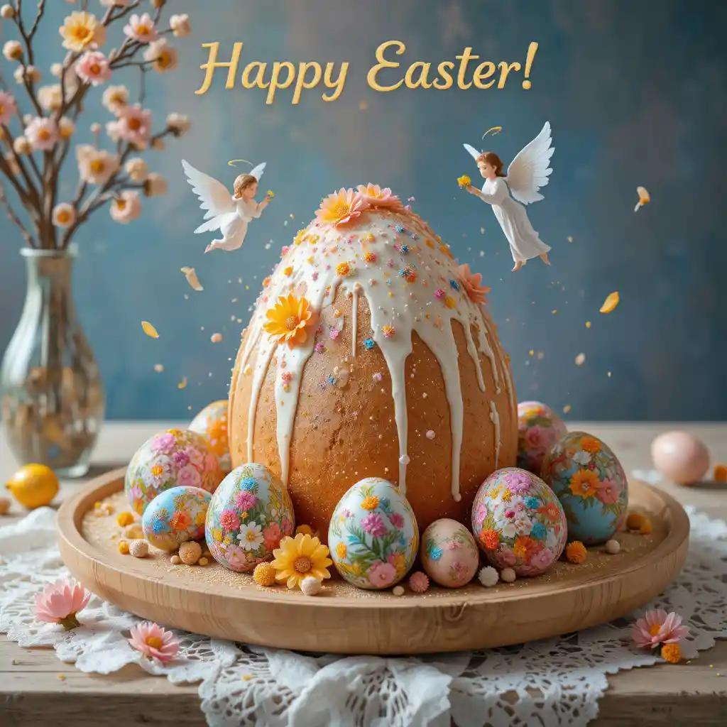 Festive Easter cake with angels and painted eggs