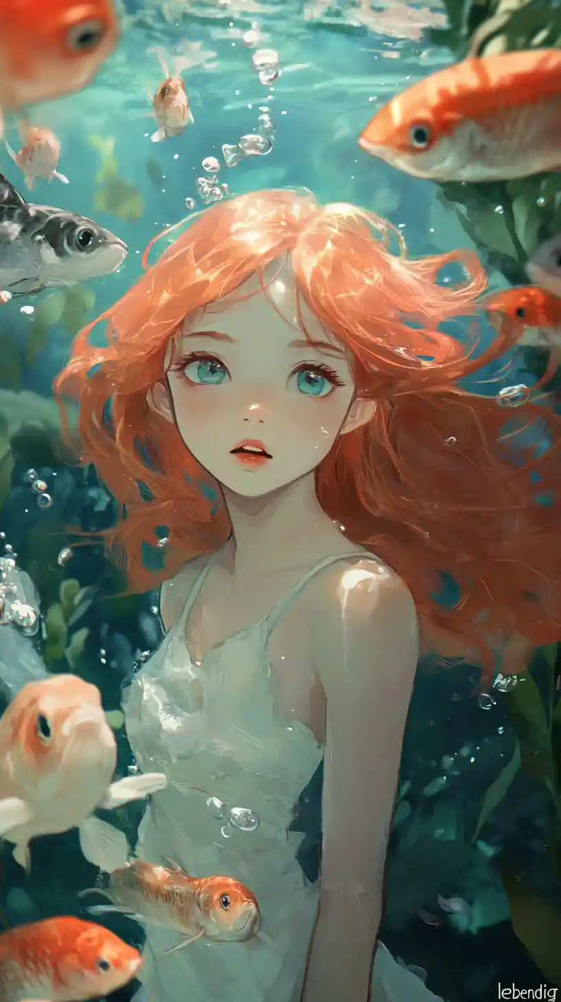 Anime chef catching glowing spice fish in underwater school
