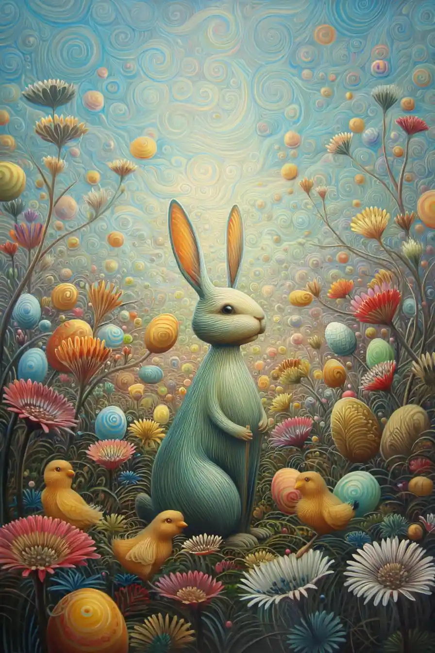 Pastel Easter rabbit with chicks eggs and flowers illustration
