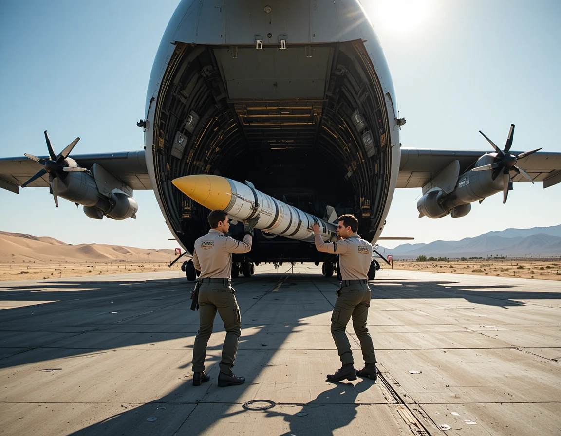 Military transport aircraft loading missile on desert runway