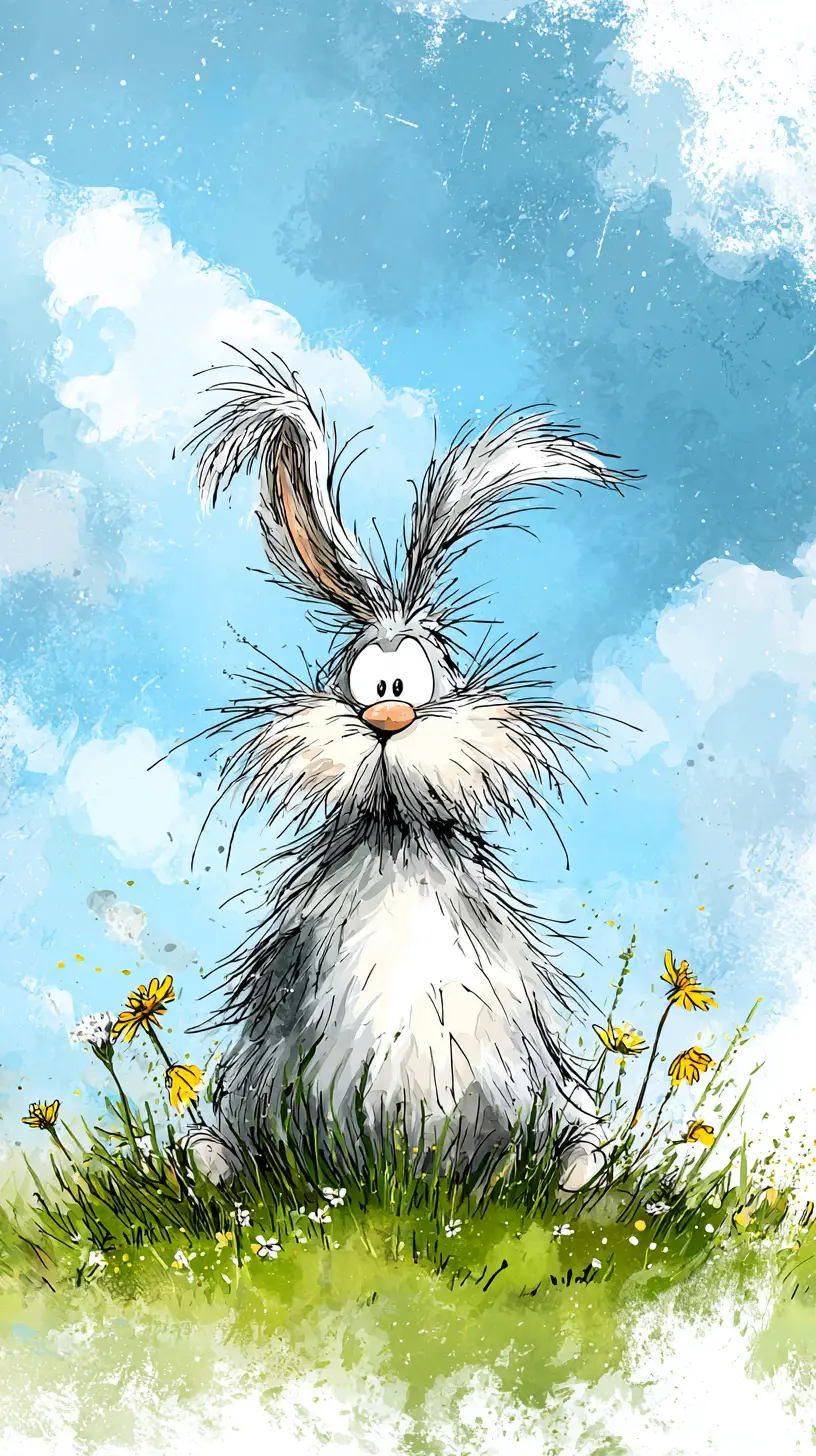 Tired easter rabbit resting on a watercolor flower meadow