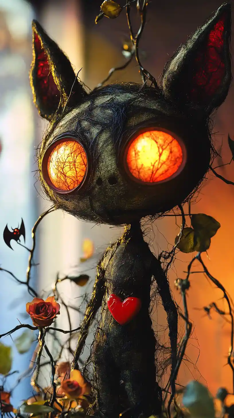 Surreal stitched goblin with mechanical heart in shadows