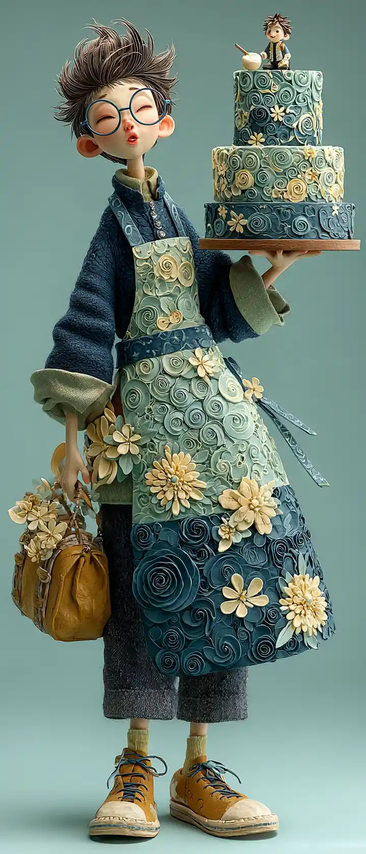 Anime baker proudly presenting a layered paper craft cake