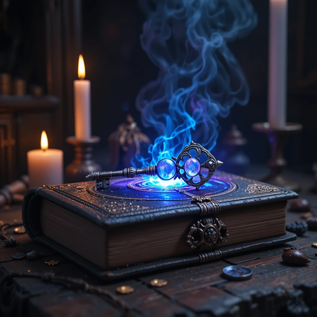 Silver magic key on glowing spellbook with candles