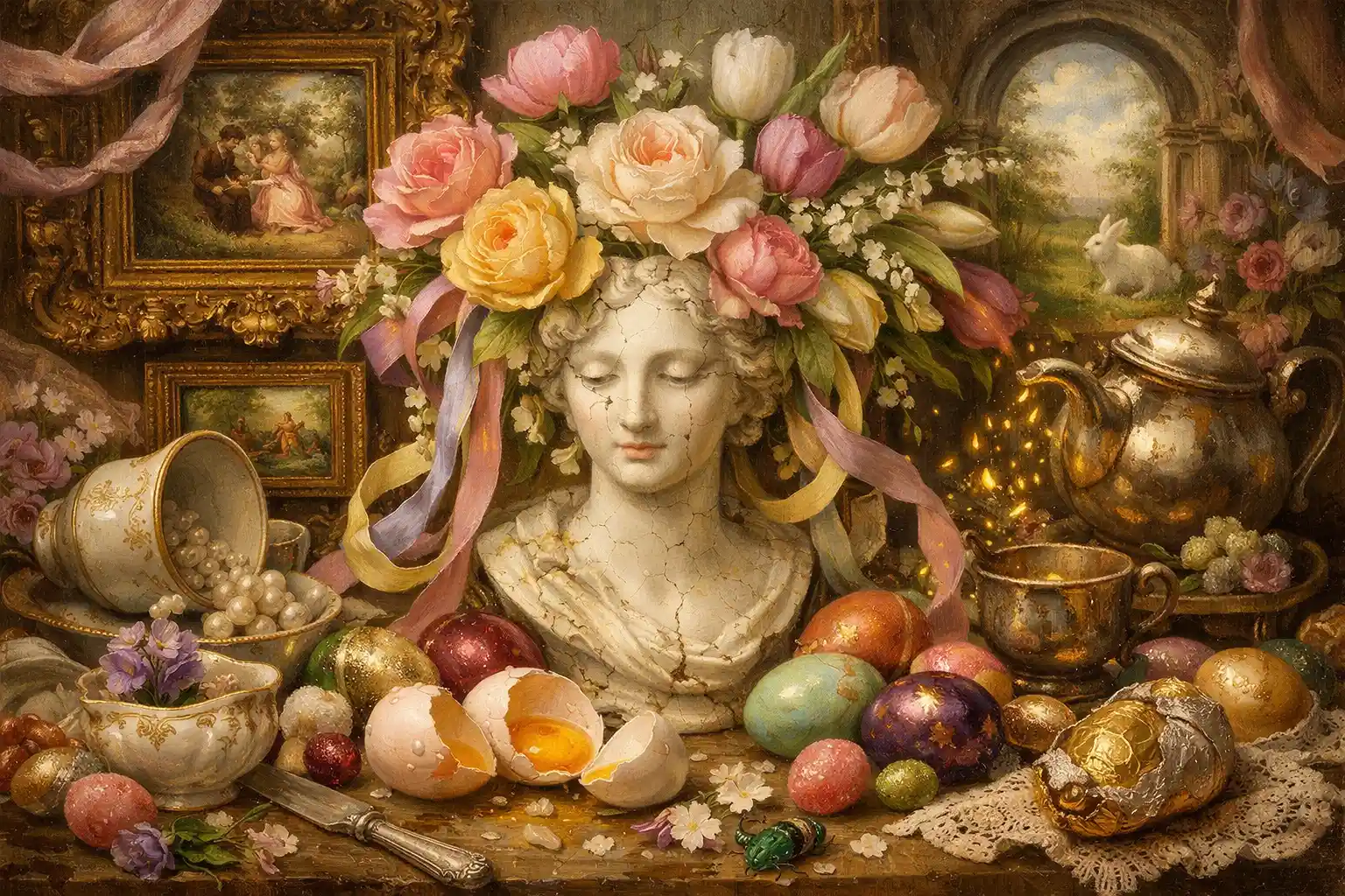 Surreal Easter still life with porcelain bust and flowers