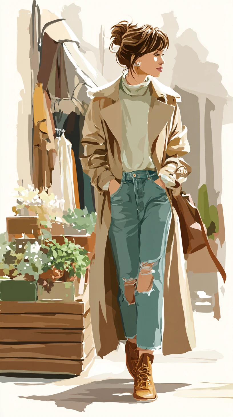 Fashionable woman in spring outfit at urban market scene