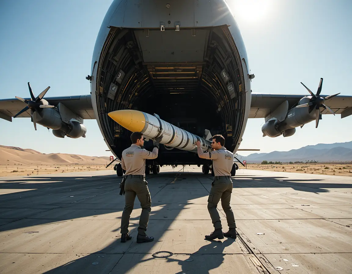Militärtransportflugzeug lädt Rakete auf Wüsten-Startbahn