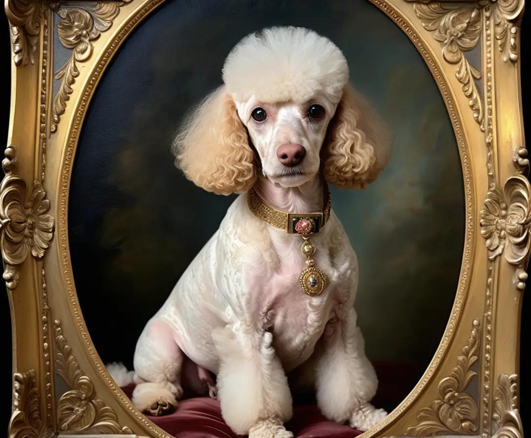 Poodle creme aristocrático em retrato clássico ornamentado