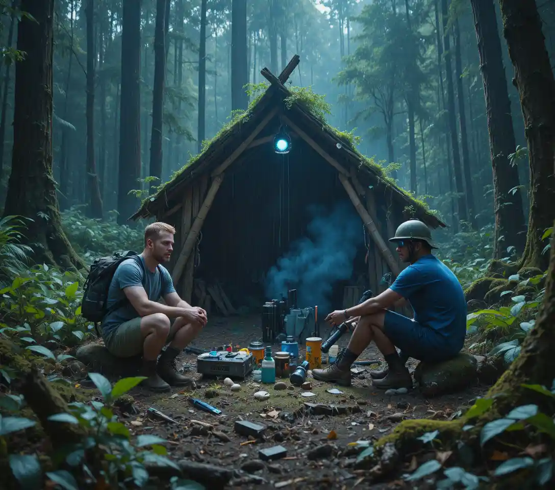 Tres hombres construyendo un refugio de supervivencia en un bosque denso