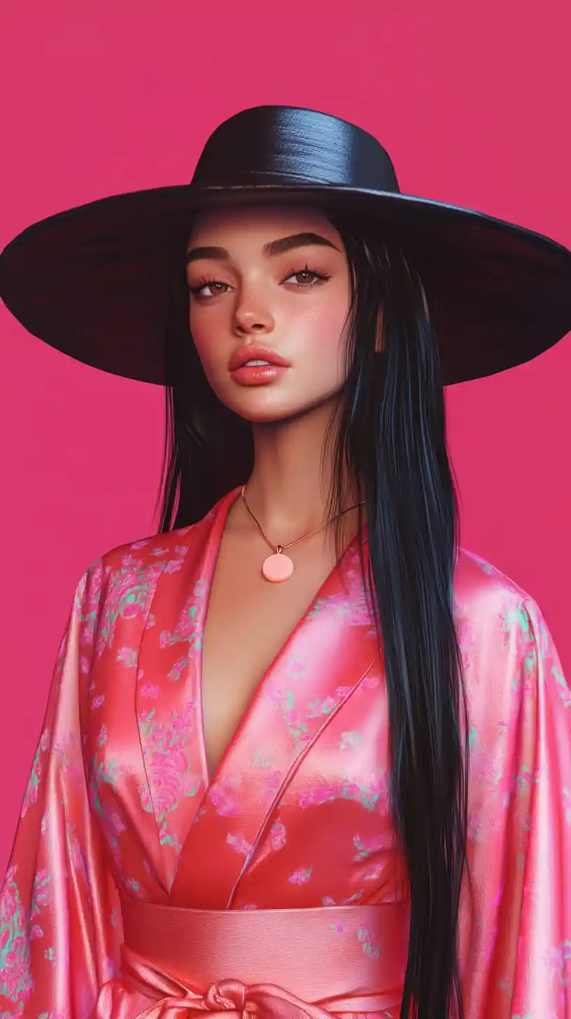 Young woman in pink kimono robe portrait illustration