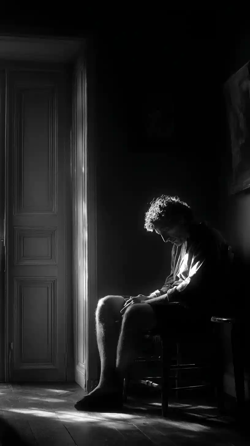 Figure Bowed Under A Dark Inner Sky Of Wings