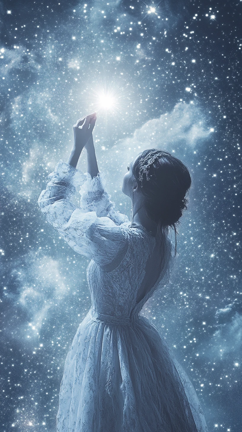 Woman reaching for a single star in a vast sky
