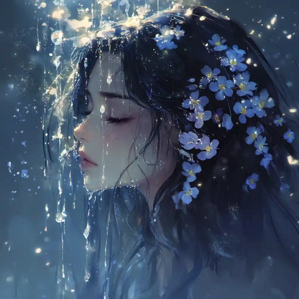 Woman rising from a rainy lake with wet dark hair