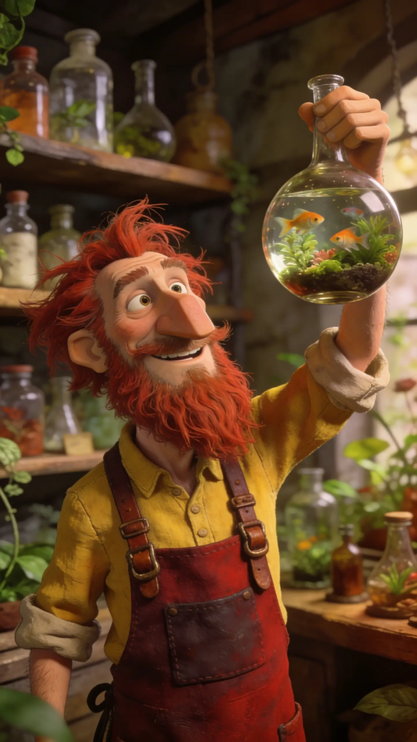 Bearded apothecary holding a tiny aquarium flask