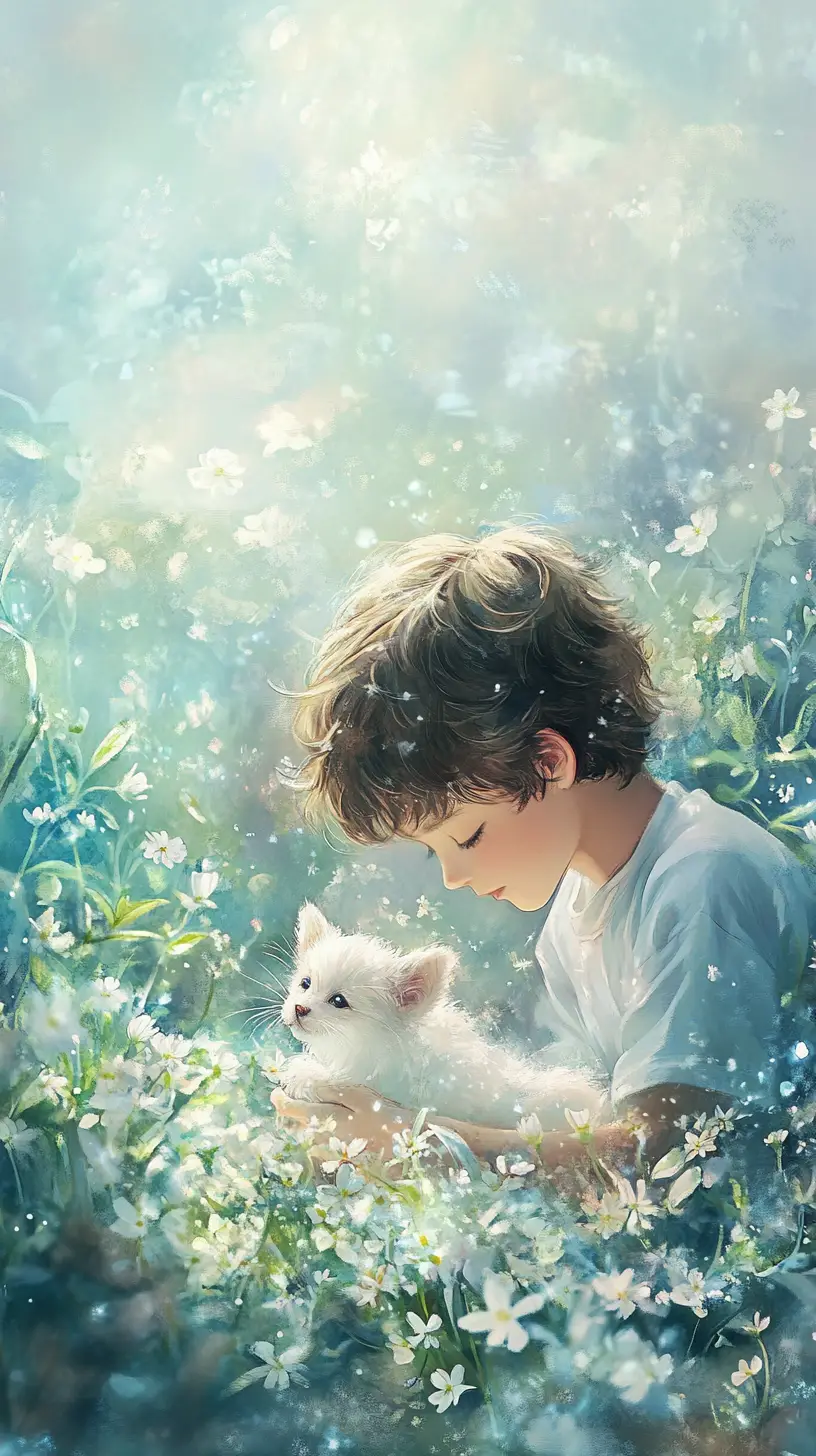 Boy with fluffy puppy in a peaceful snowdrop meadow