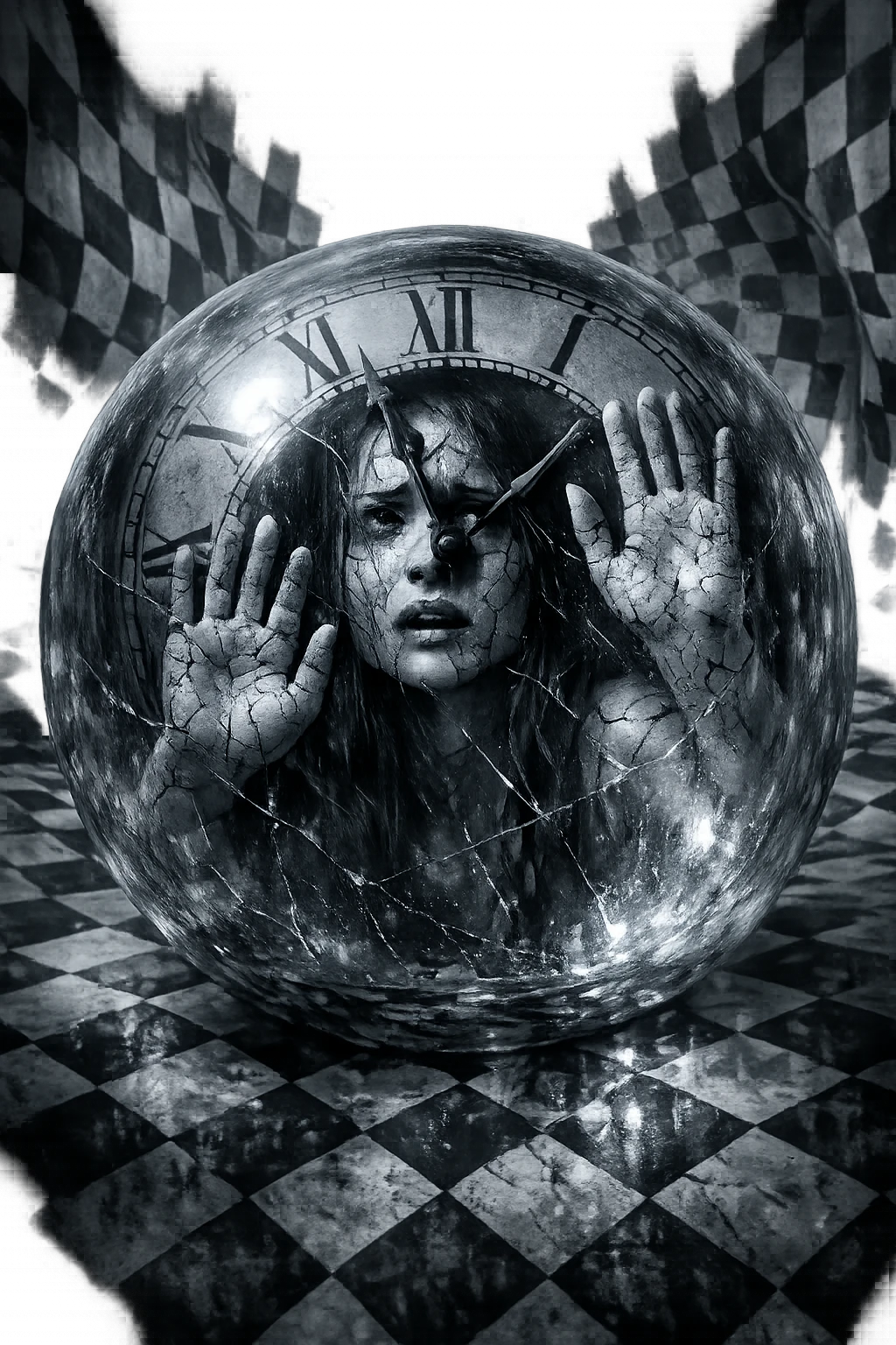 Woman Enclosed In Transparent Clock Sphere Over Checkerboard World