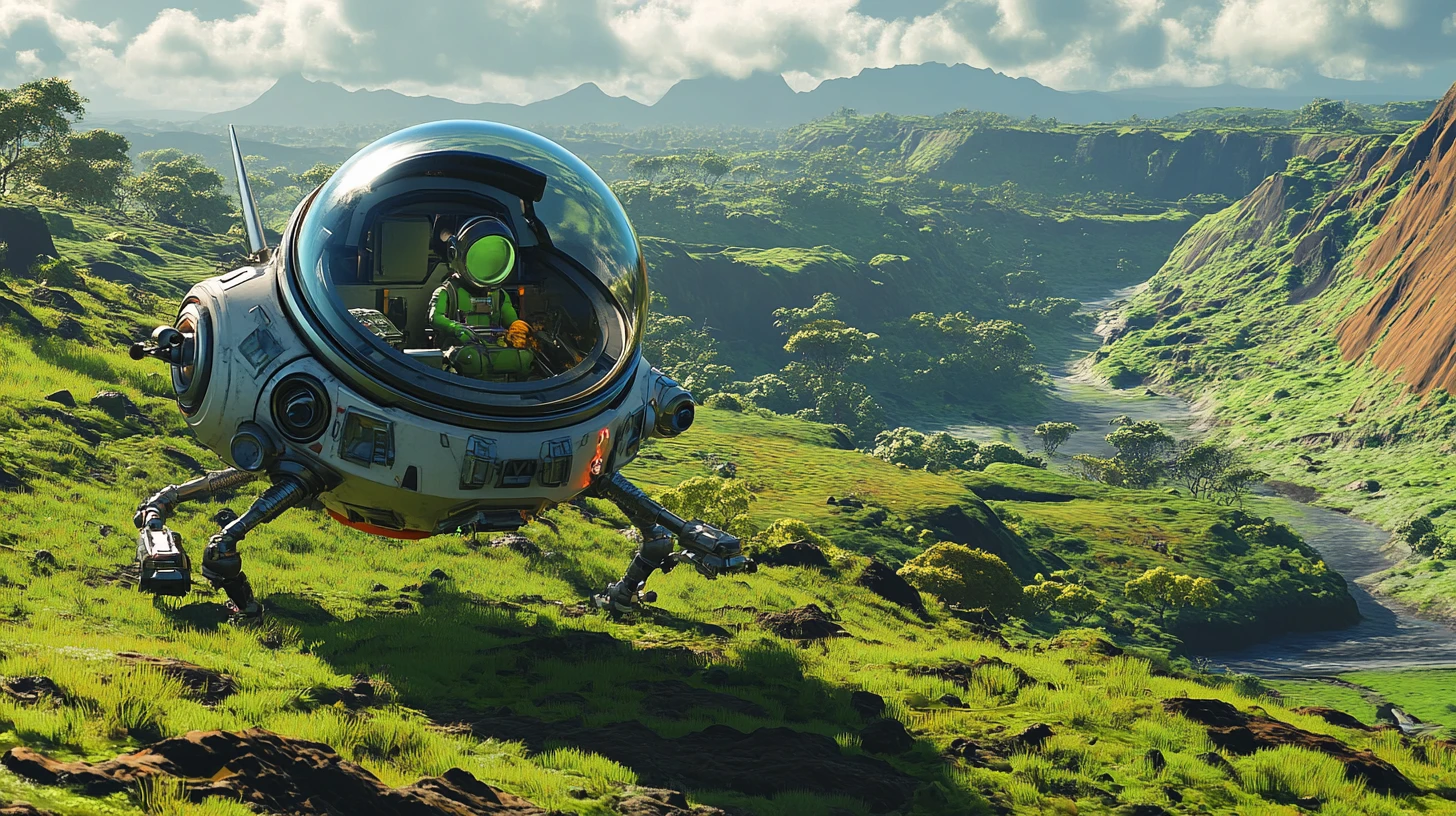 Small explorer spaceship landing on a lush green alien world