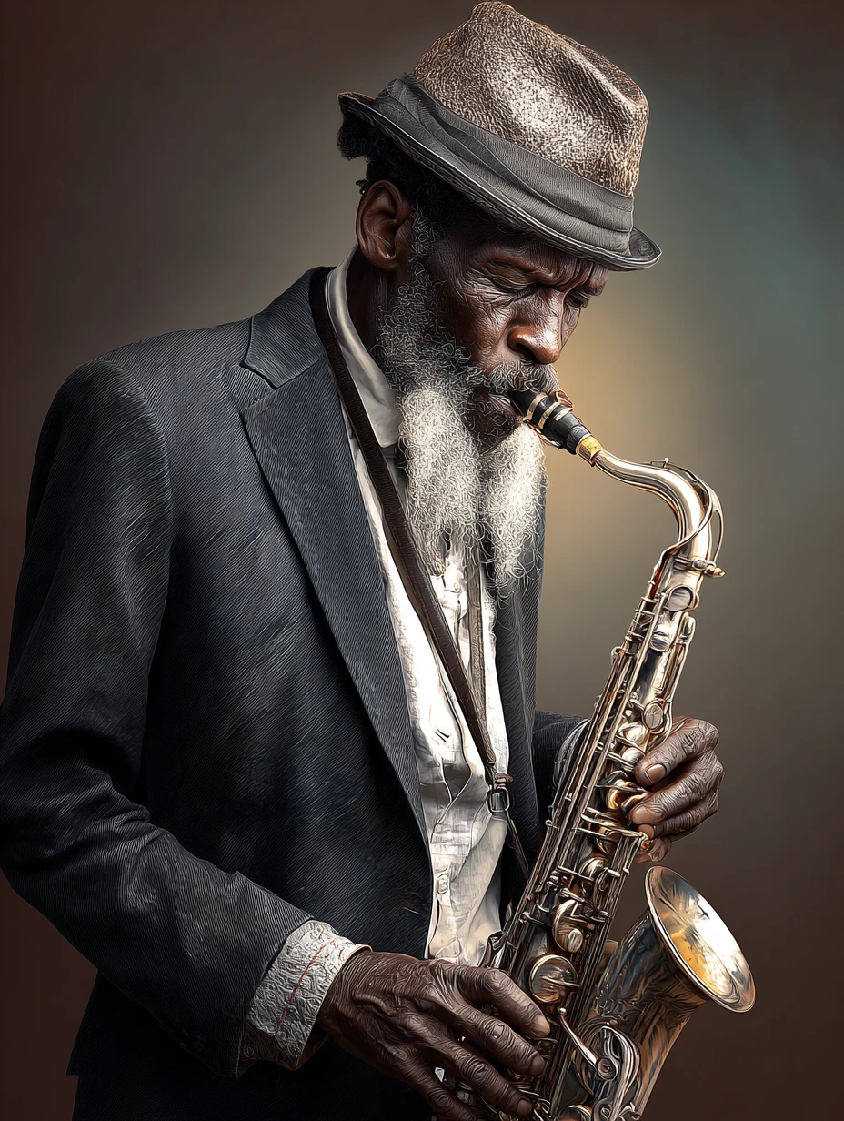 Sassofonista jazz anziano in abito e cappello con luce soffusa e romantica