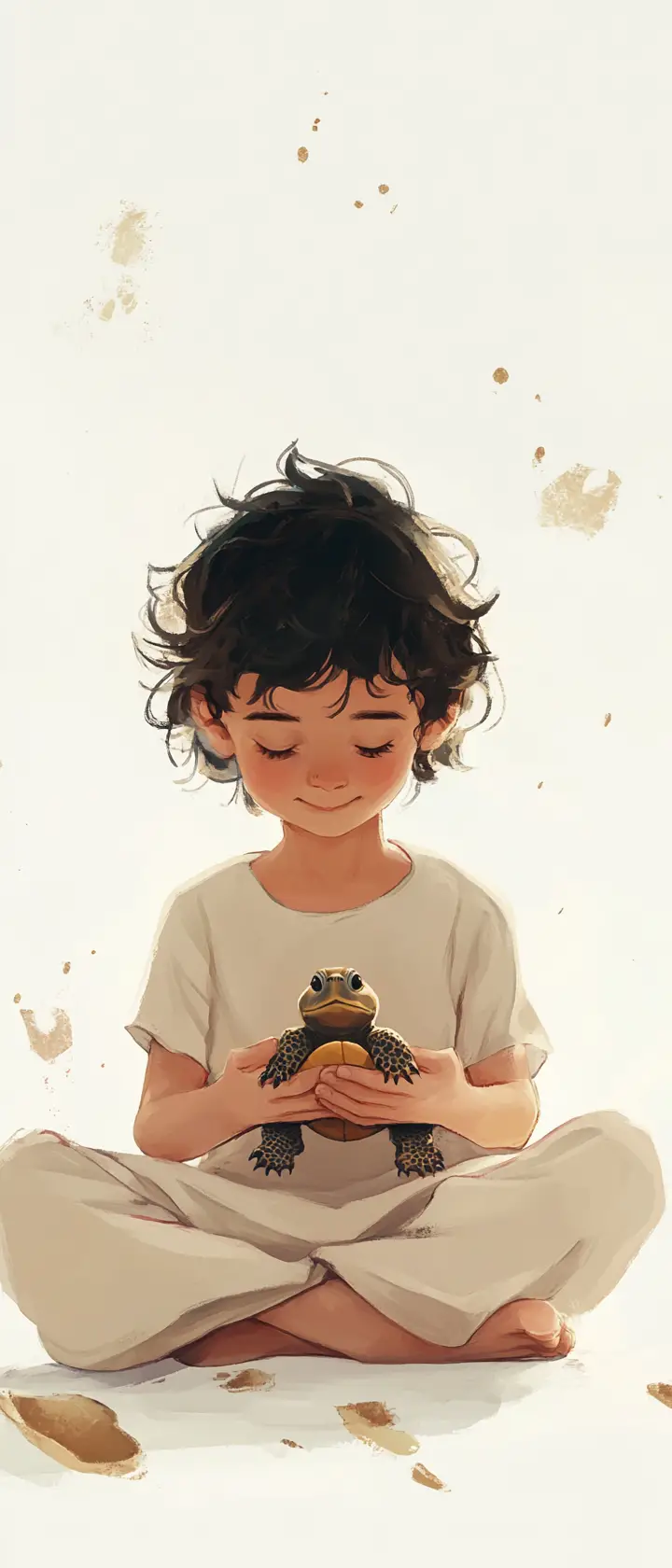 Bambino che tiene una piccola tartaruga in una dolce illustrazione