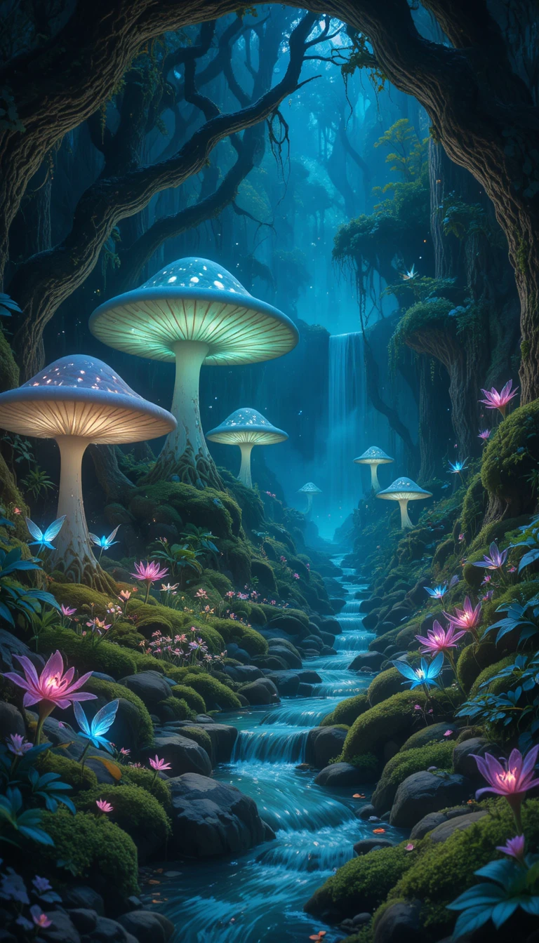 Fadas mágicas em uma clareira de floresta bioluminescente e brilhante