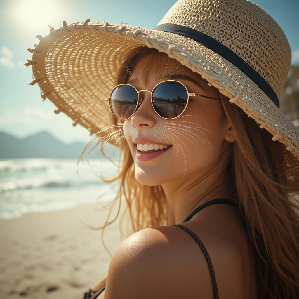 Ginger cat in a beach hat on a smiling girls shoulder