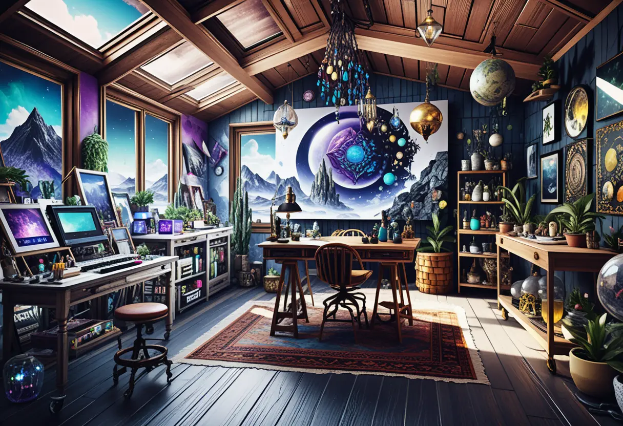 Solar punk loft studio with central canvas and crystals